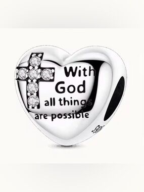 Silver & SparkleHeart Charm “With God All Things Are Possible”